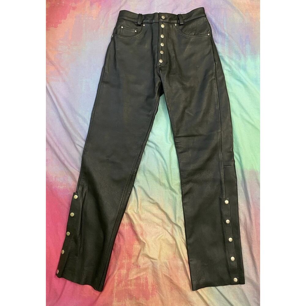 Vtg 70s Leather Pants Mens Size 32 Snap Biker Disco Mod Hippie Easy Rider Pride